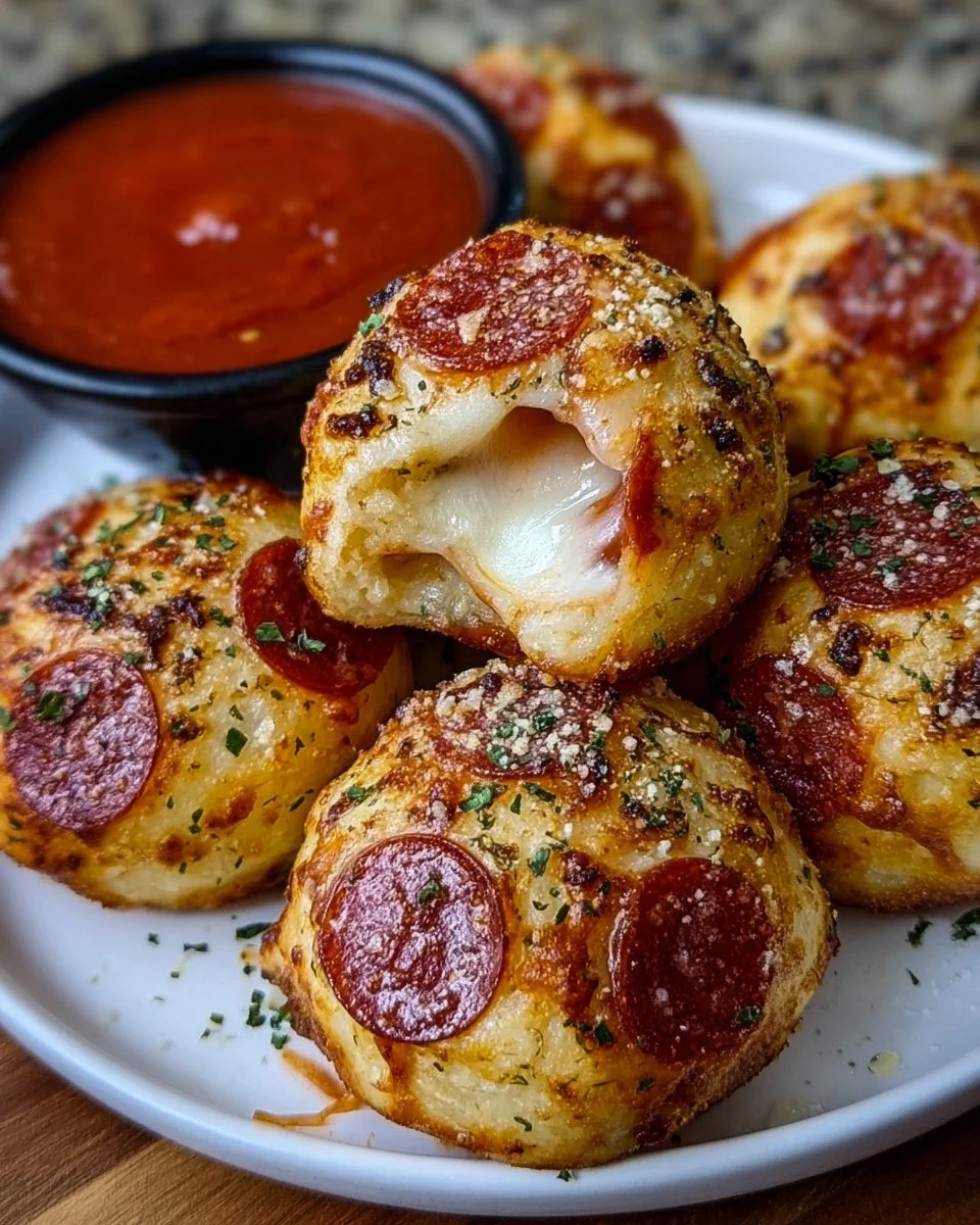 Cheesy pepperoni pizza bombs served on a plate, ideal for pizza lovers.
