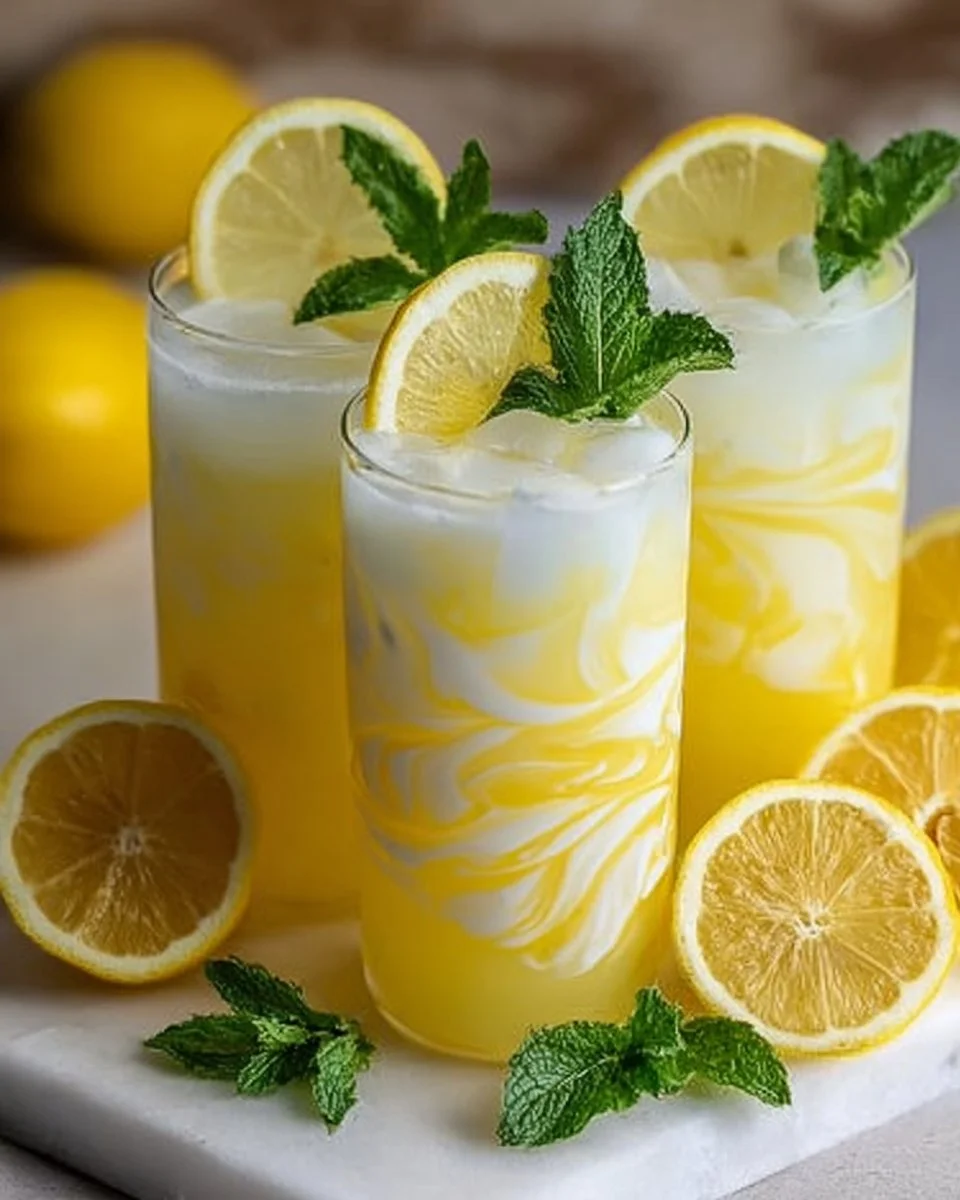 Glass of condensed milk lemonade topped with lime slices and mint