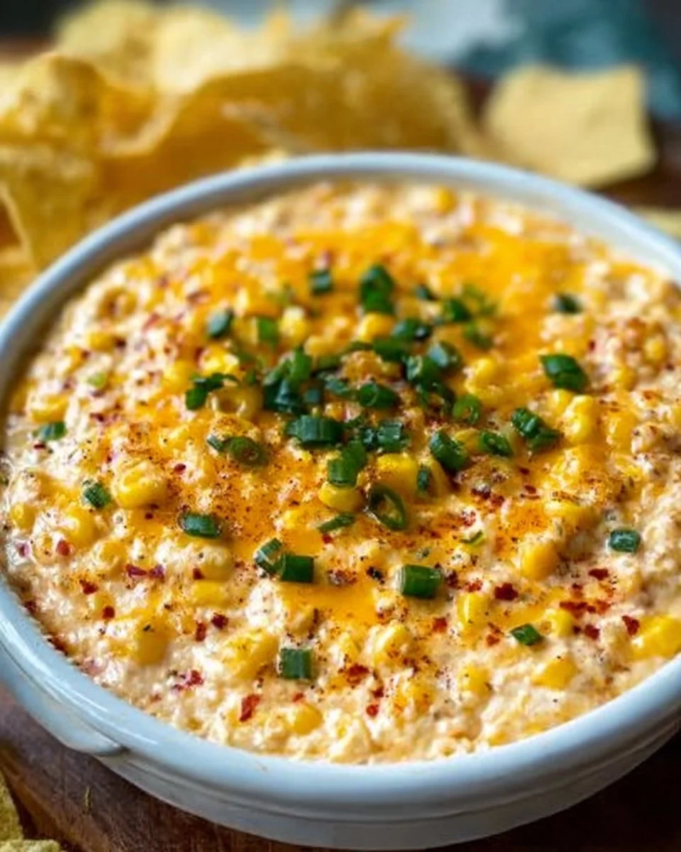 Delicious corn dip served in a bowl with tortilla chips