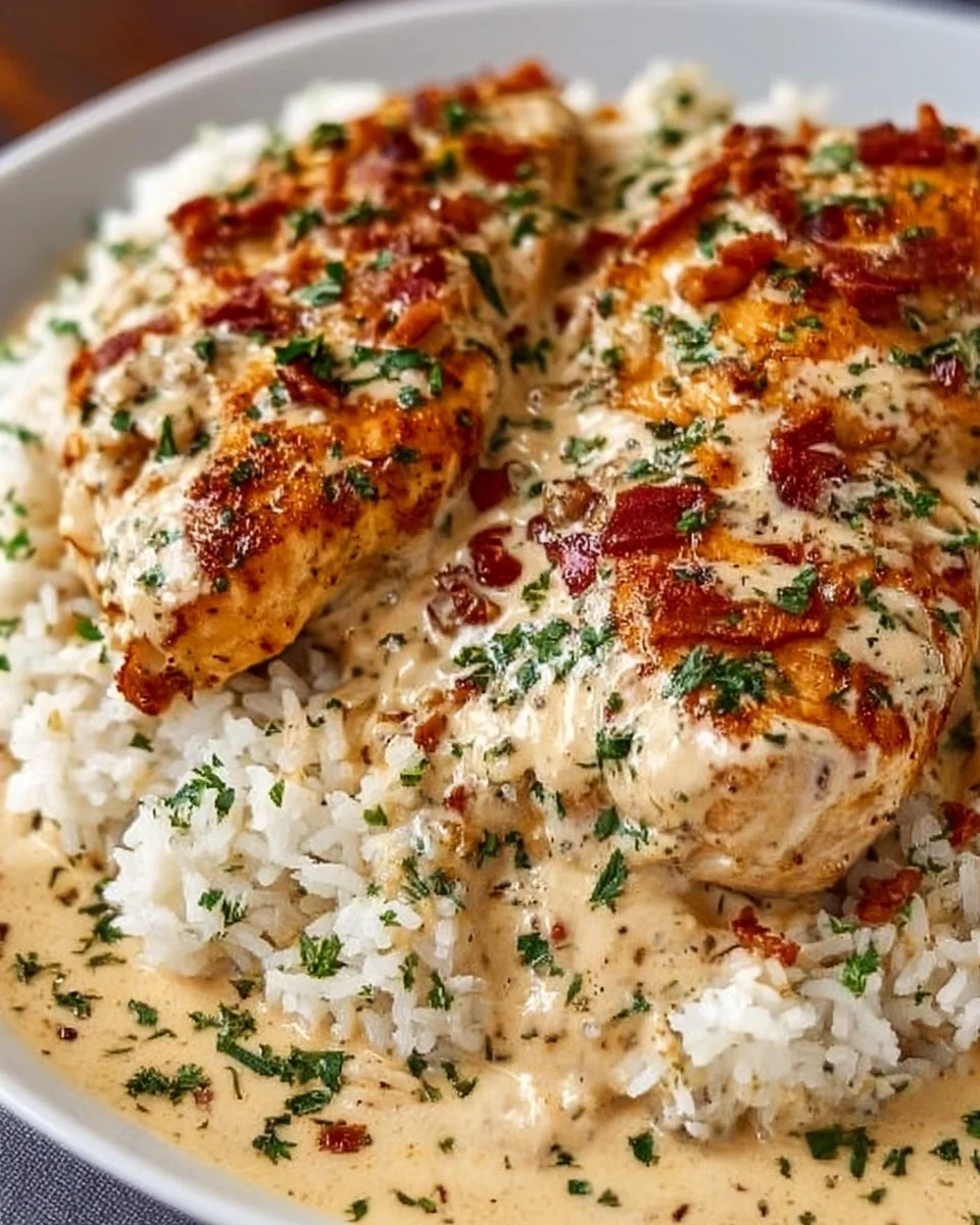 Creamy chicken and rice dish with fresh herbs and vegetables