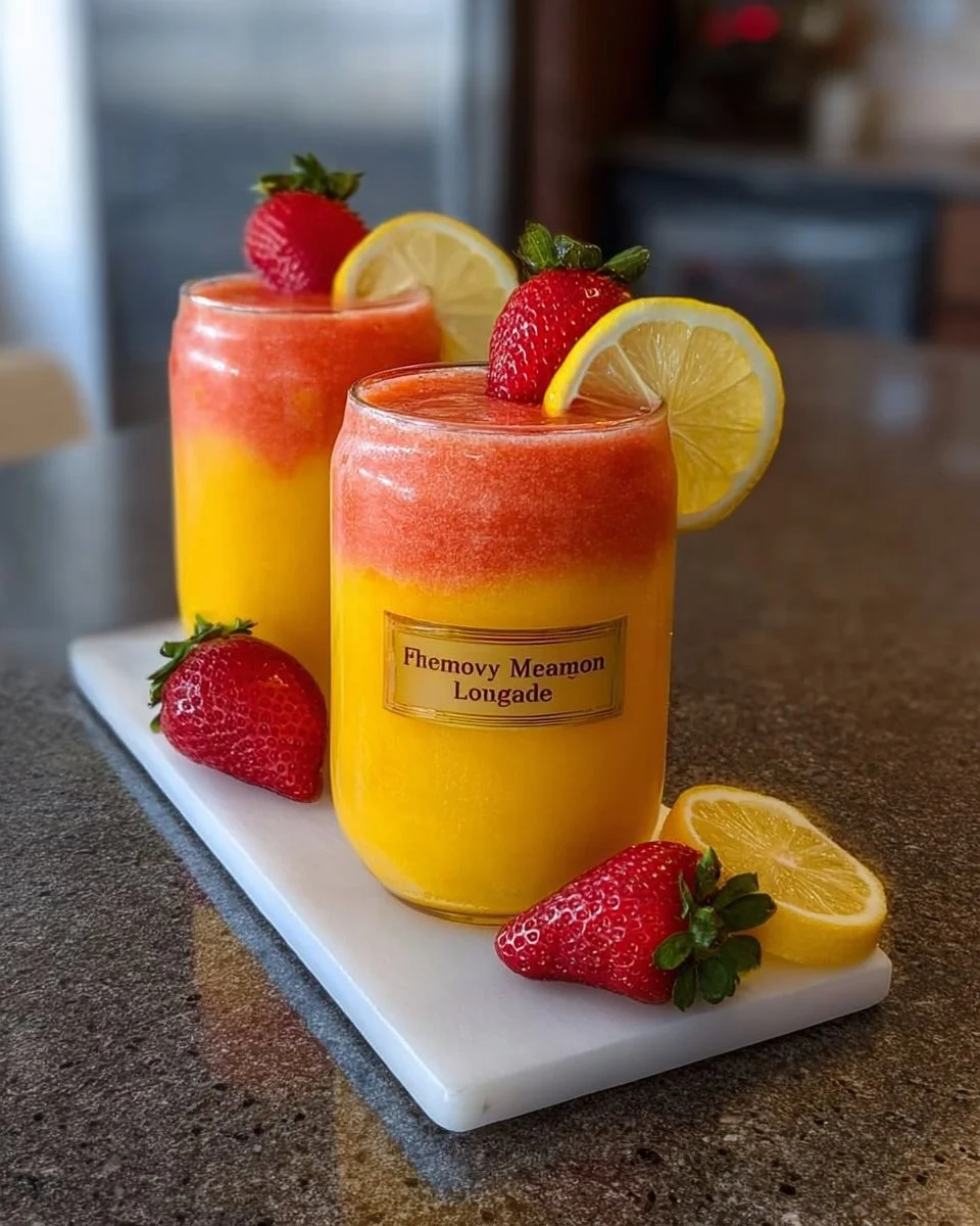 Frozen mango strawberry lemonade in a glass with fresh fruits