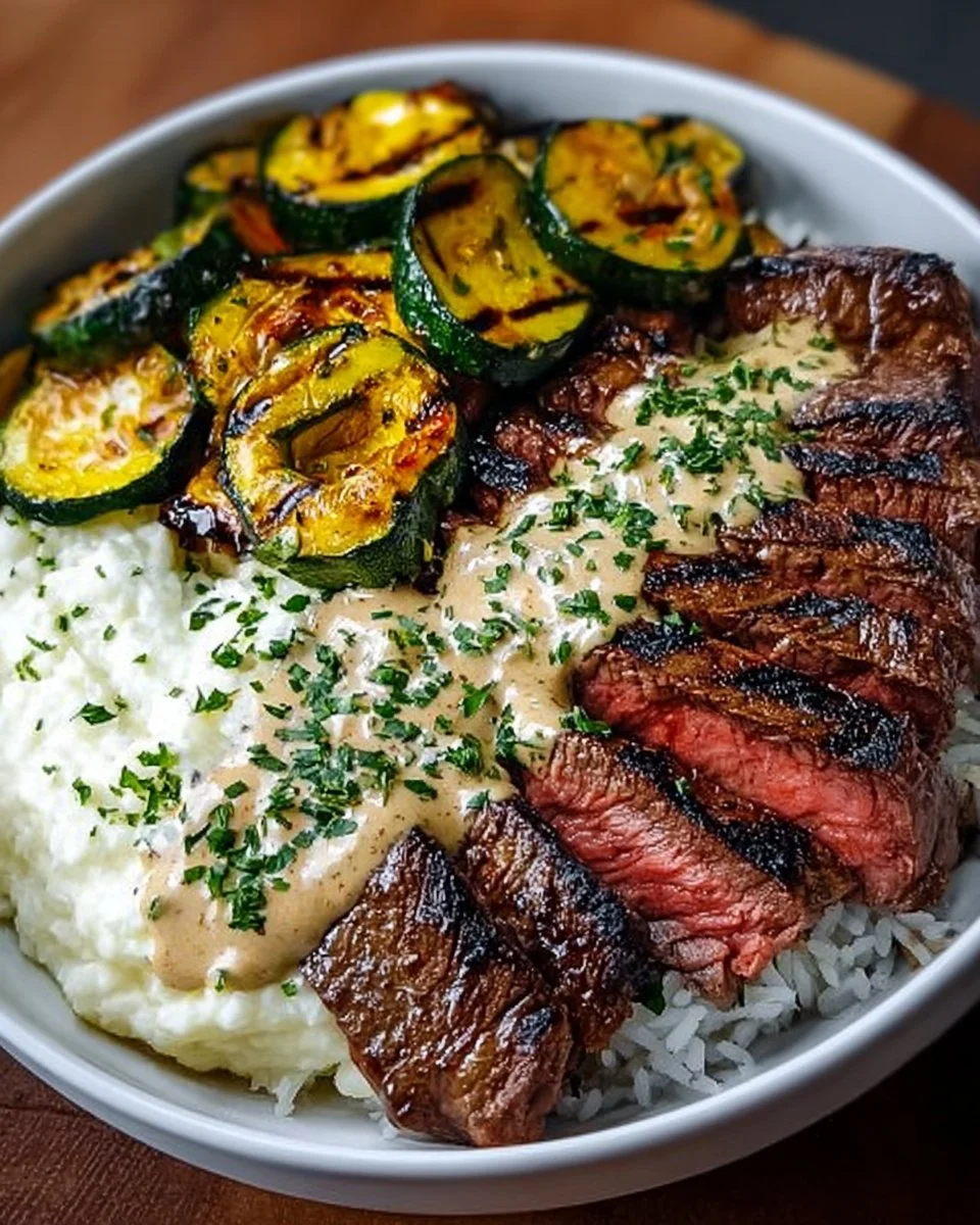 Grilled steak bowl with sauce and grilled zucchini served in a bowl