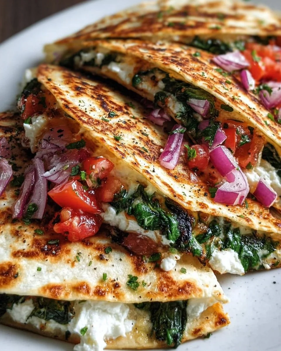 Mediterranean Quesadillas with Spinach, Feta, Mozzarella, and Red Onion