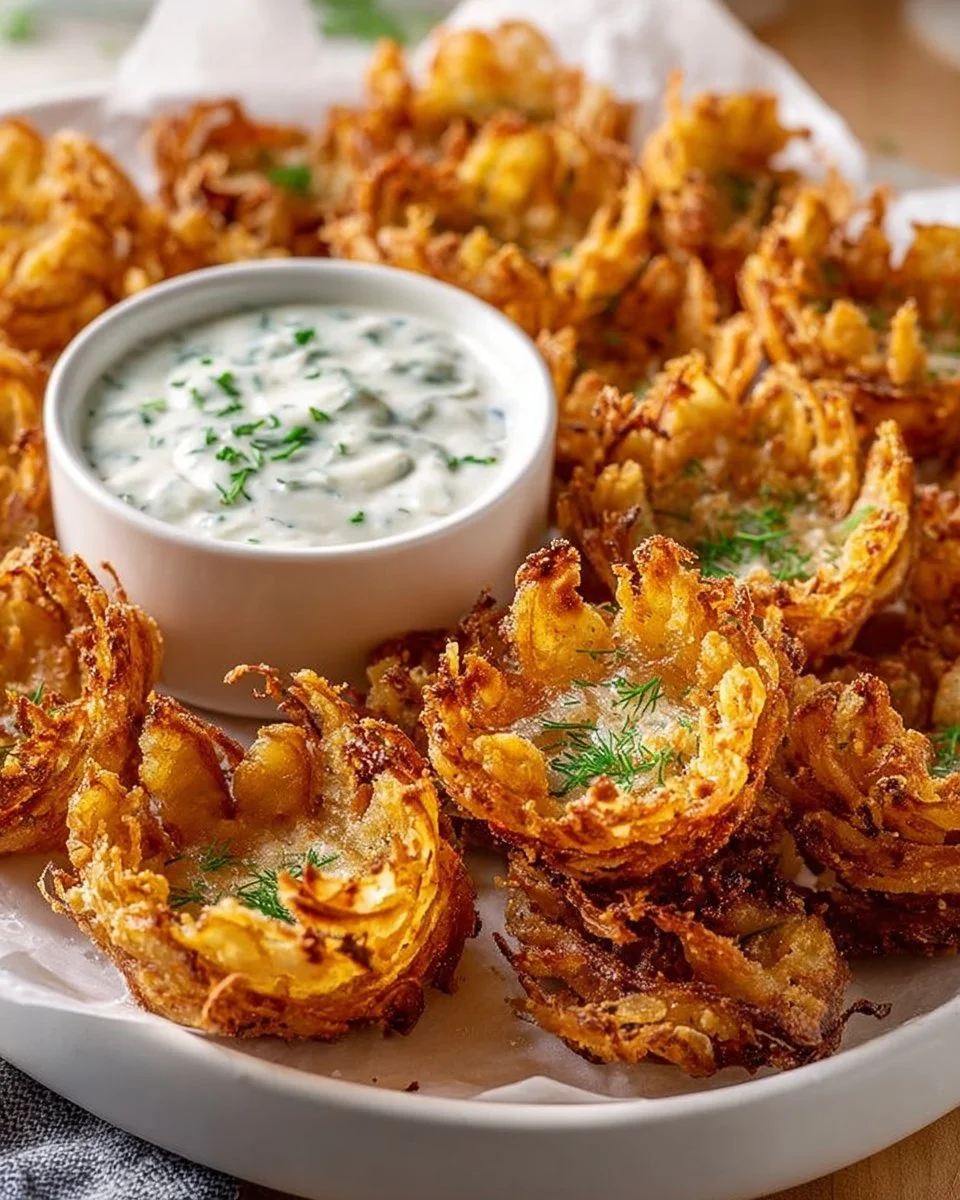 Delicious mini bloomin' onions served with buttermilk ranch dip for dipping
