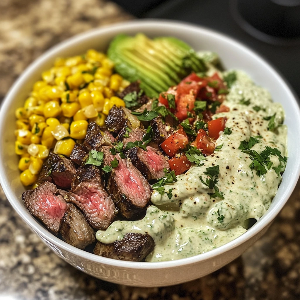 Steak, Avocado, and Roasted Corn Bowl with Cilantro Cream Sauce for a Flavor Explosion!