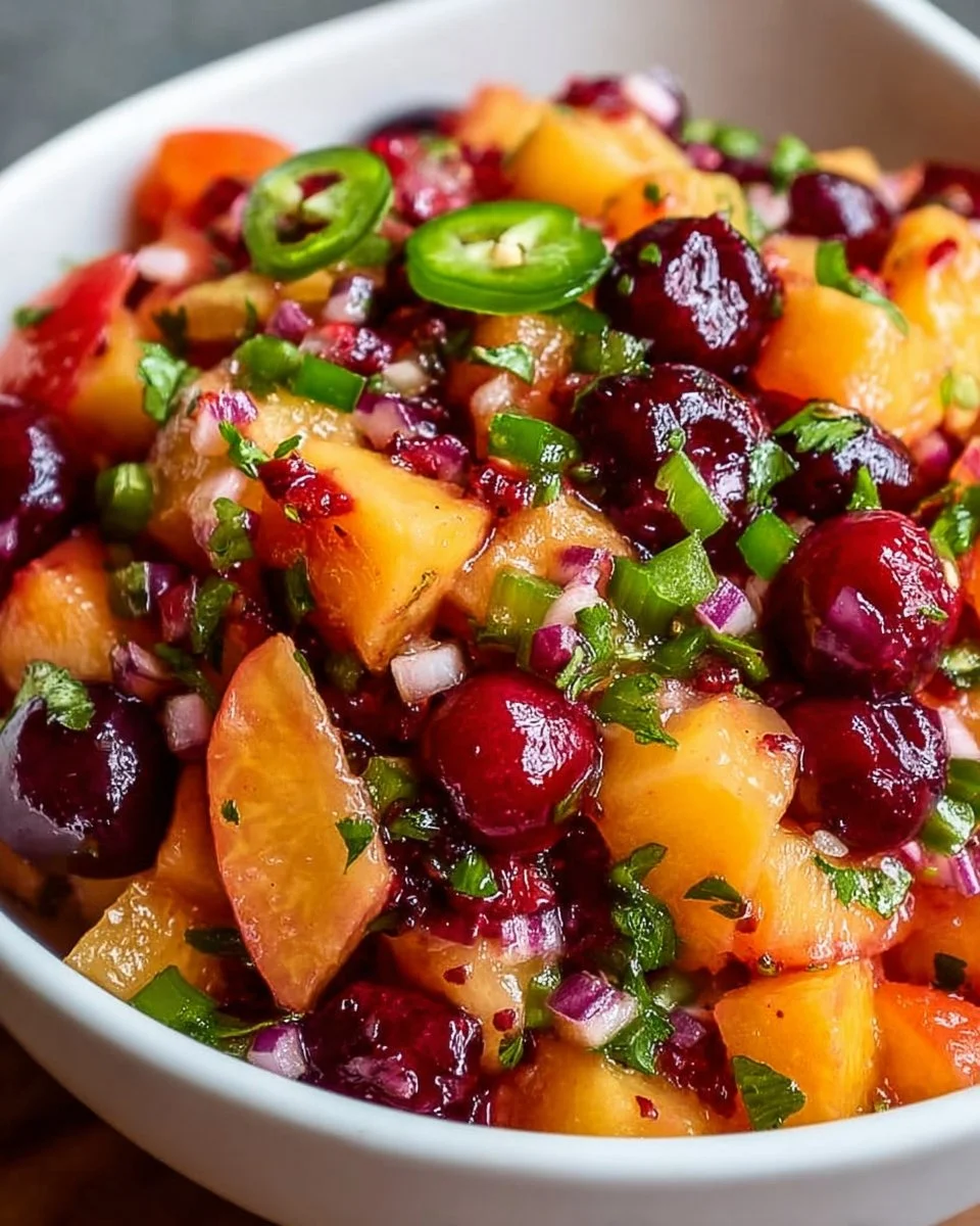 Bowl of refreshing Peach Cherry Salsa with fresh peaches and cherries