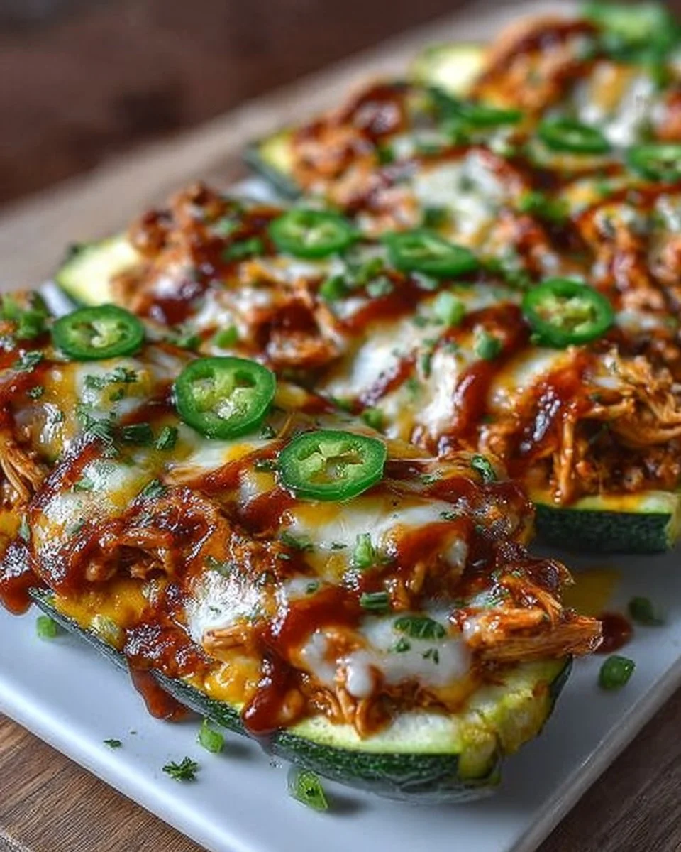 Sticky BBQ Chicken Zucchini Boats