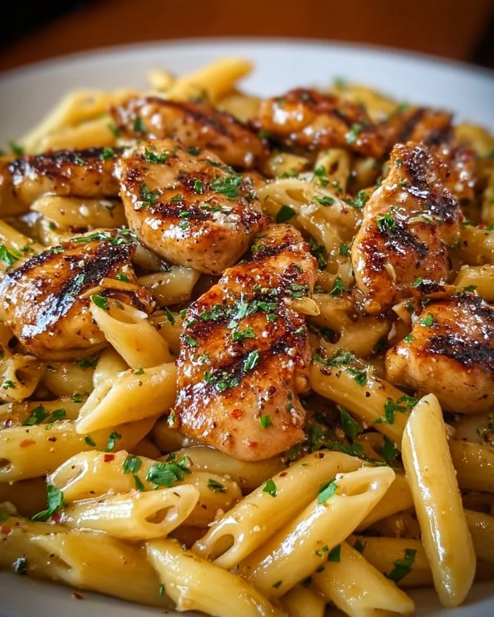 Sticky Smoky Garlic Butter Chicken Pasta dish garnished with herbs