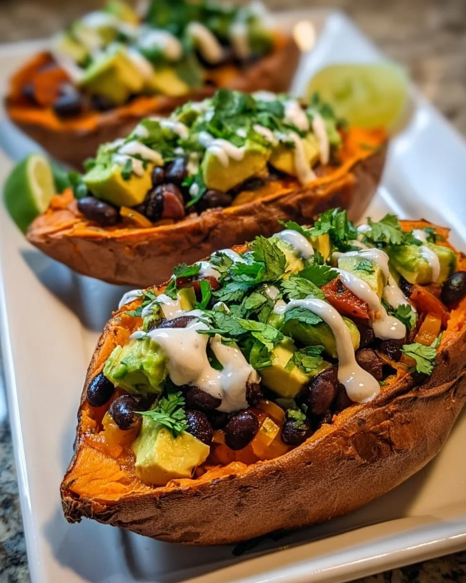 Stuffed Sweet Potato with Avocado, Black Beans &amp; Cilantro Lime Cream