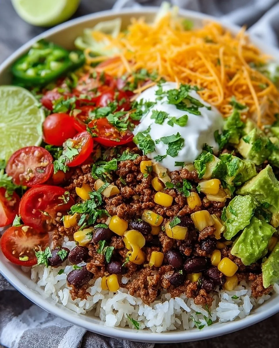 Delicious Taco Rice Bowl topped with fresh ingredients and spices