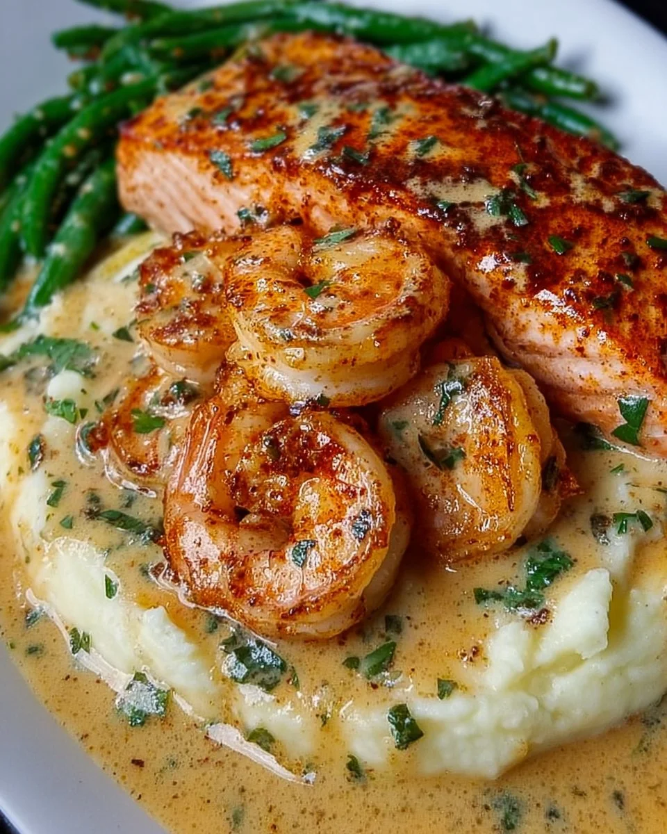 Cajun shrimp and salmon in garlic cream sauce served with mashed potatoes and green beans