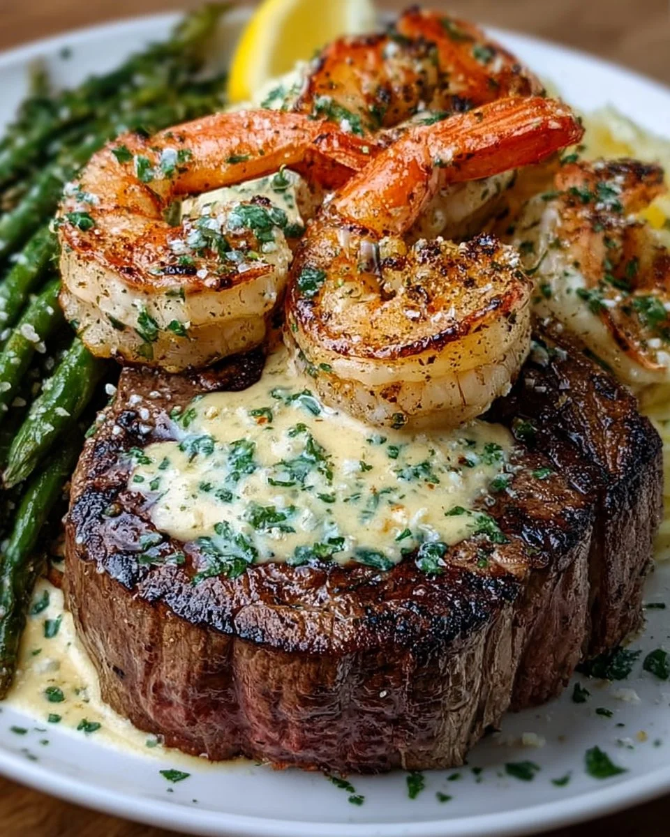 Surf and Turf with Creamy Garlic Sauce delights every bite!