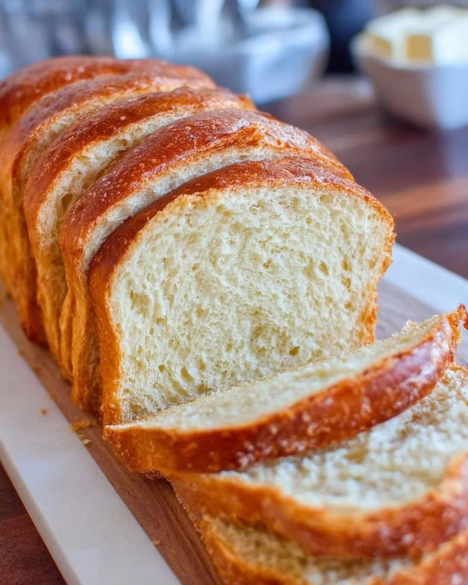 Homemade easy white bread freshly baked and sliced on a wooden table.