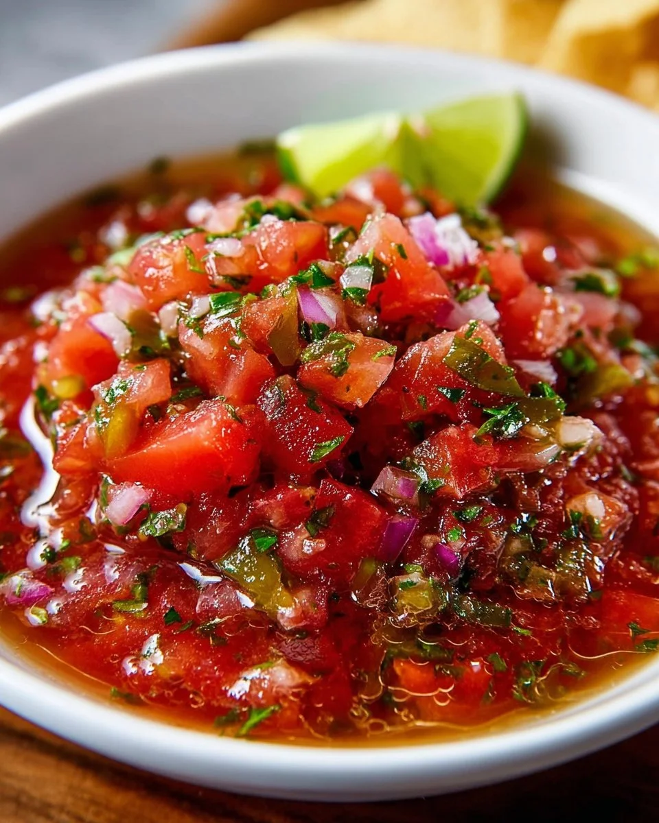 Bowl of fresh homemade salsa with tomatoes, onions, and cilantro.