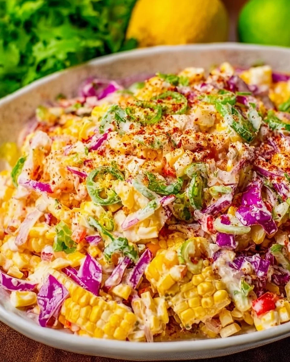 Colorful Mexican corn slaw with fresh vegetables and spices.
