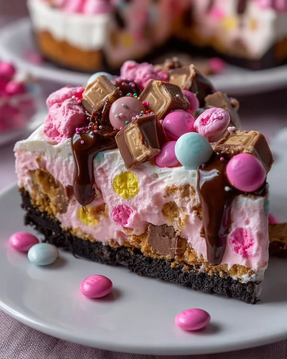 Pink M&amp;M Snickers Cheesecake