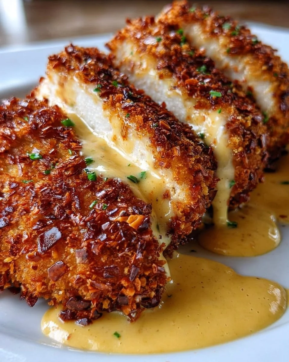 Pretzel-Crusted Chicken with Mustard-Cheddar Sauce