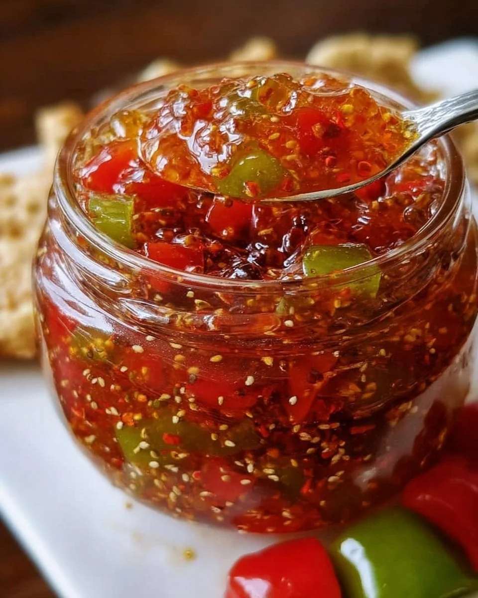 Jar of sugar-free pepper jam with peppers and spices