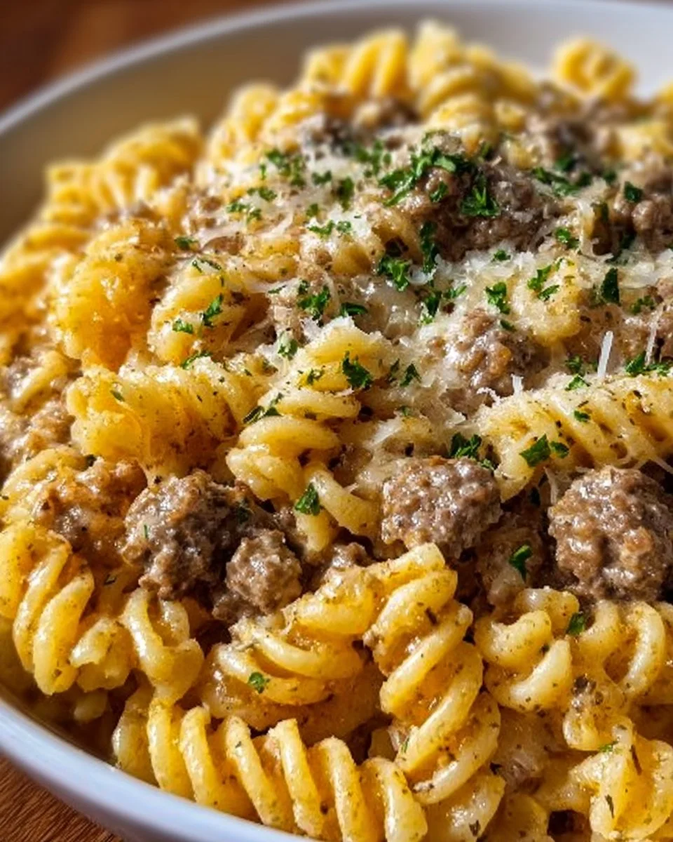 Beef and Rotini in Garlic Parmesan Sauce