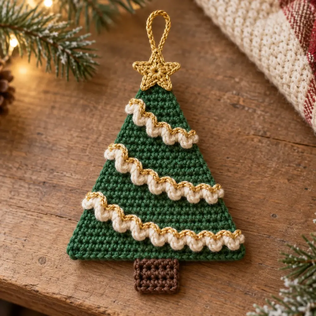 Finished evergreen crochet Christmas tree ornament with a brown trunk, cream-and-gold spiral garland, gold star, and gold hanging loop