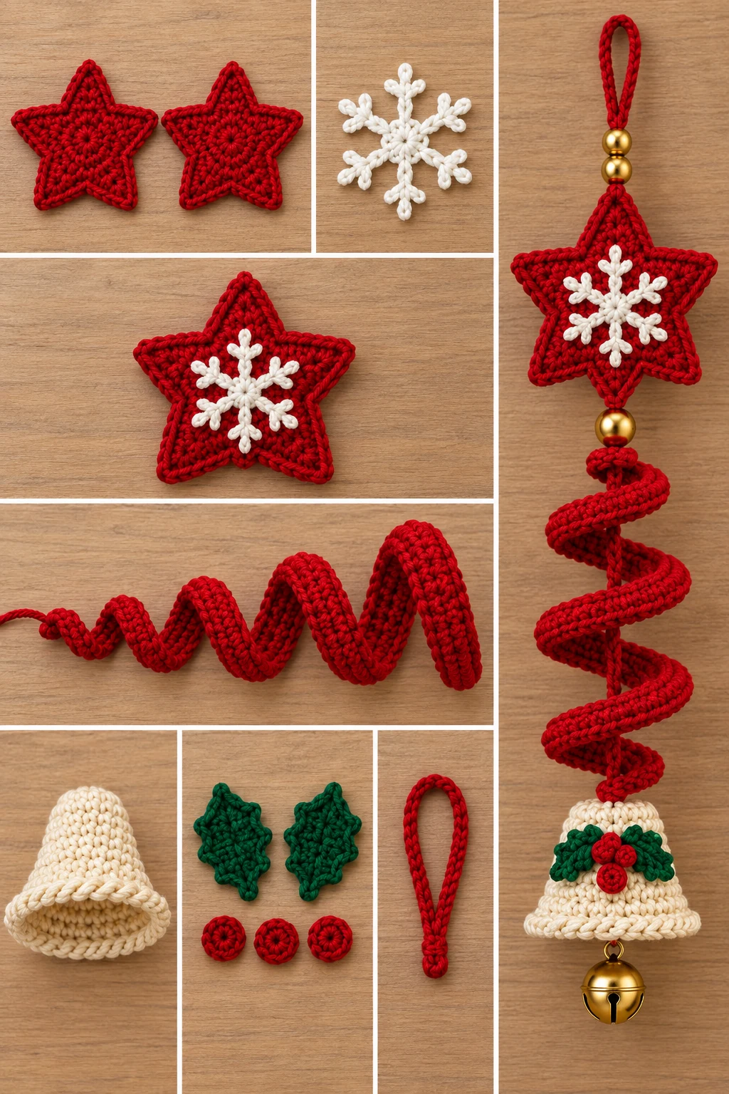 Construction collage showing the crocheted star panels, snowflake, spiral ribbon, bell cover, holly, berries, hanging loop, and ornament assembly