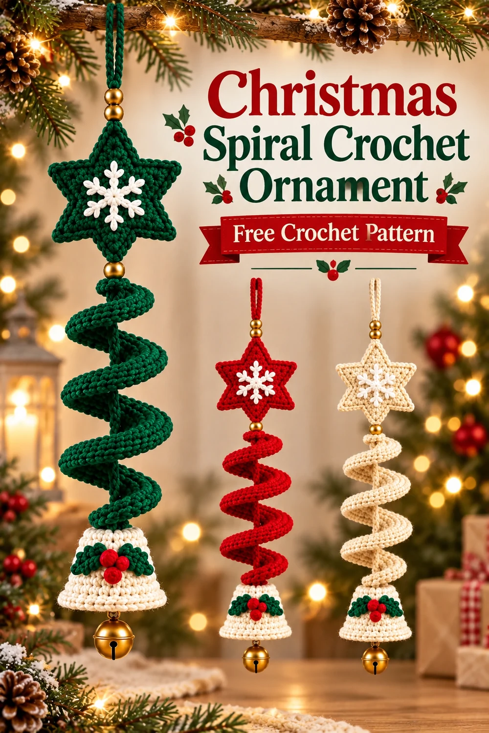 Vertical Christmas Spiral Crochet Ornament free pattern graphic featuring the finished crocheted holiday decoration