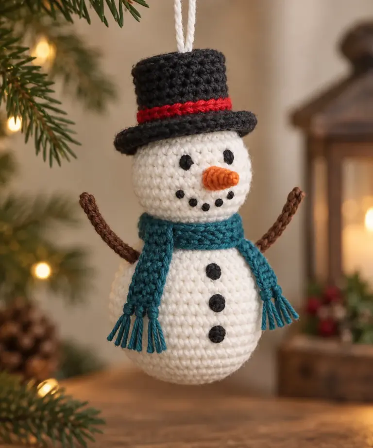 Finished crochet Christmas snowman hanging ornament with black top hat, teal scarf, carrot nose, and twig arms
