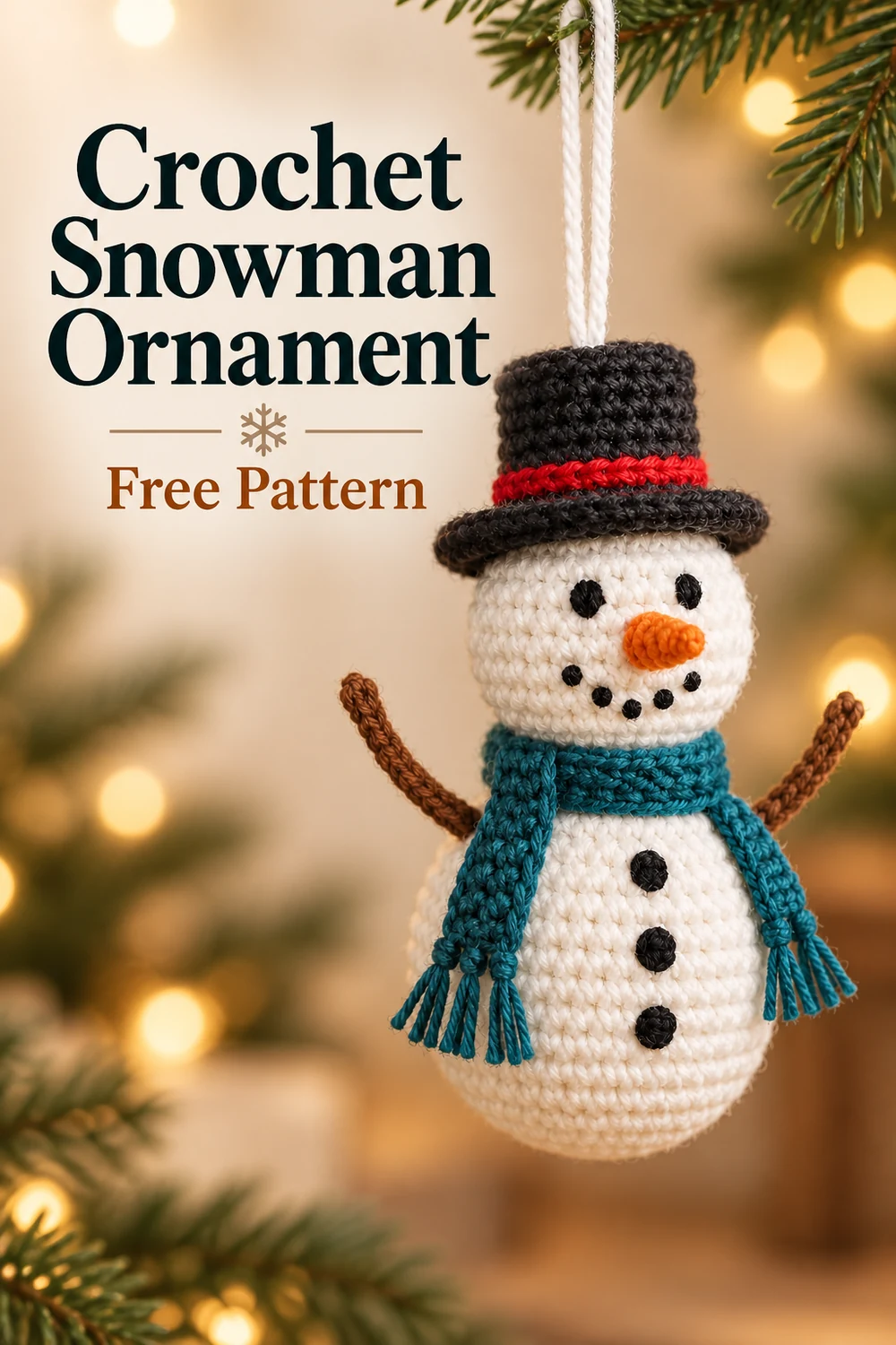 Vertical Crochet Christmas Snowman Hanging Ornament Pattern graphic with finished handmade snowman