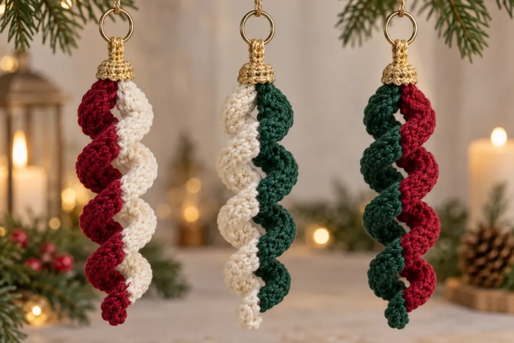 Three finished crochet Christmas spiral ornaments in cranberry, cream, evergreen, and gold hanging together