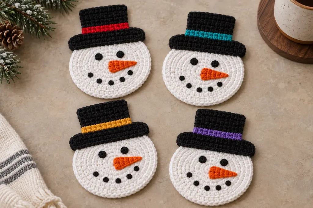Four finished white crochet snowman coasters with black top hats, colorful hatbands, orange noses, black eyes, and five-dot smiles