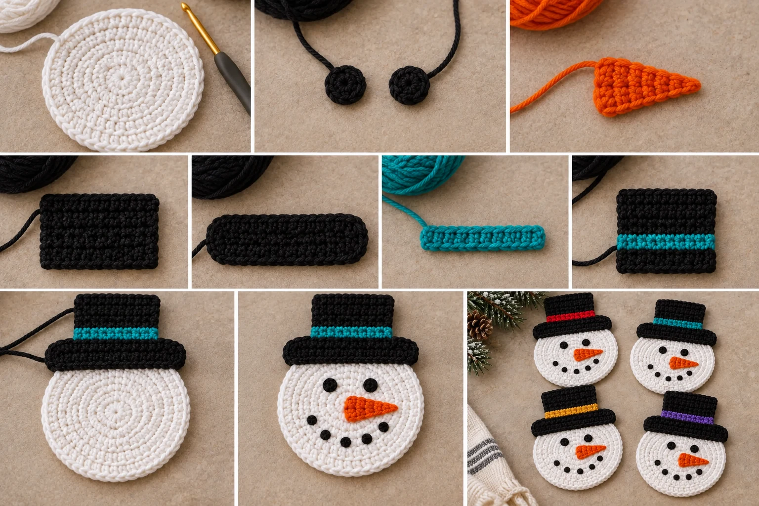 Multi-panel crochet construction collage showing the round white base, eye dots, carrot nose, top-hat pieces, hatband, and snowman coaster assembly