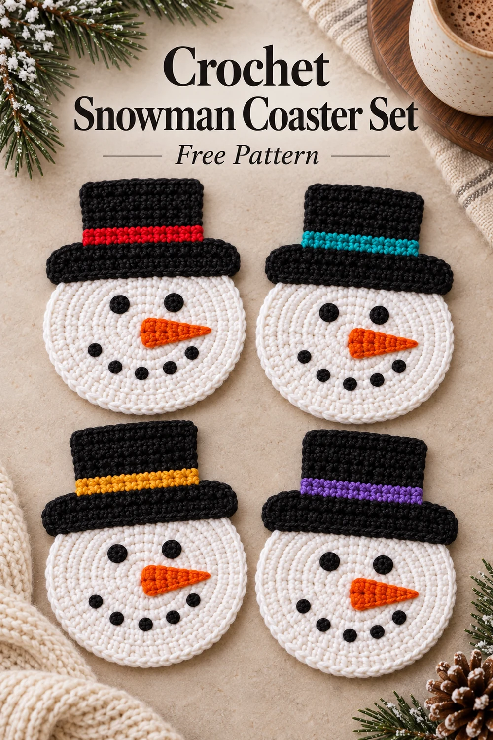 Vertical Pinterest graphic featuring four crochet snowman coasters and the title Crochet Snowman Coaster Set Free Pattern