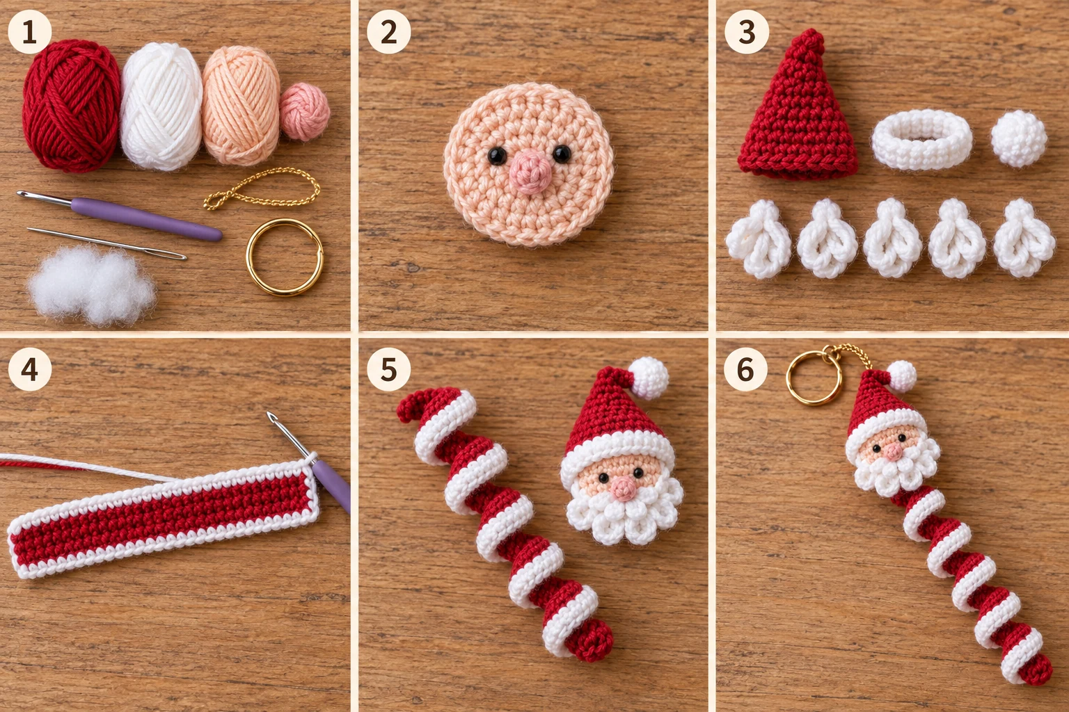 Six stages showing the yarn, Santa face, hat and beard pieces, flat spiral strip, assembly, and finished Santa spiral crochet ornament