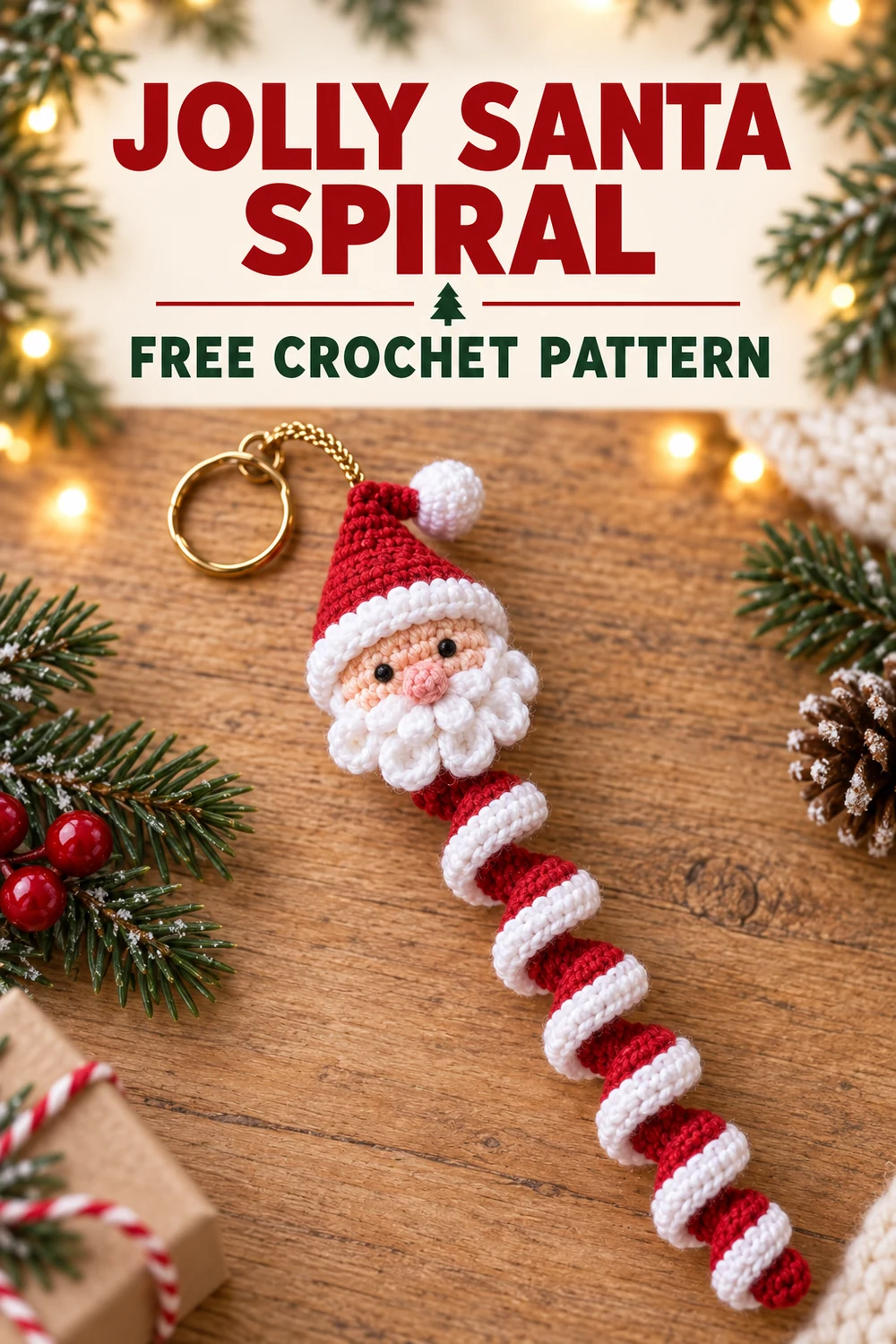 Jolly Santa Spiral free crochet pattern Pinterest graphic featuring a red and white crocheted Santa ornament and keychain