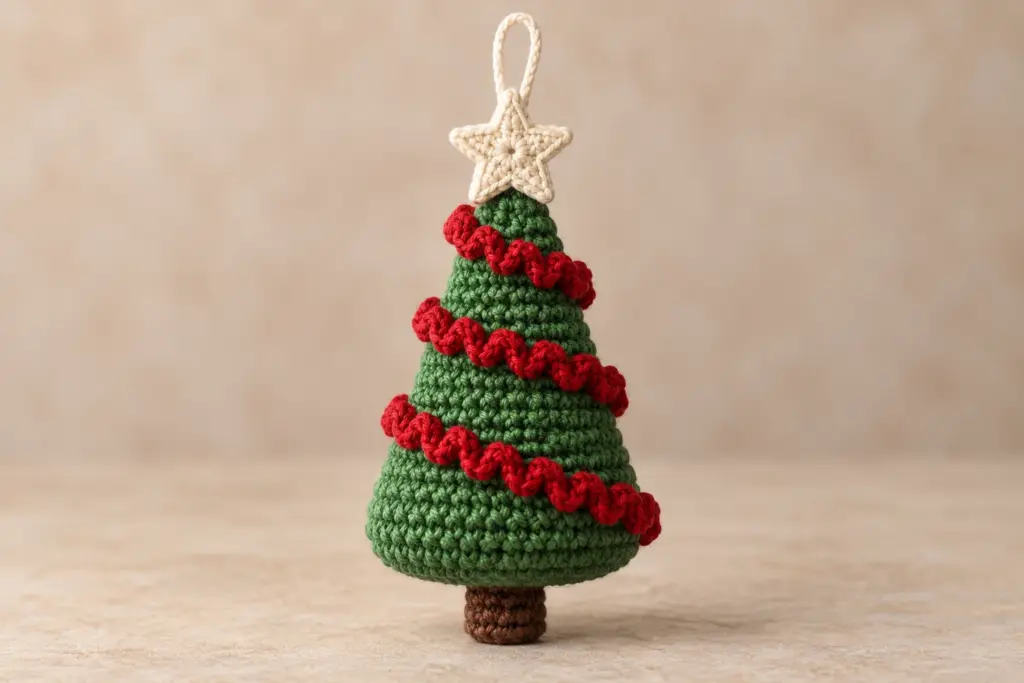 Finished spiral crochet Christmas tree ornament with a green cone body, red corkscrew garland, brown trunk, cream star, and cream hanging loop