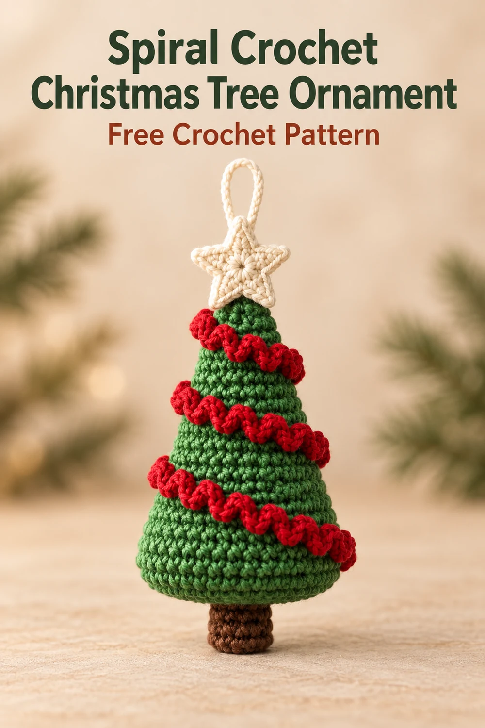 Vertical Pinterest graphic for the free Spiral Crochet Christmas Tree Ornament pattern