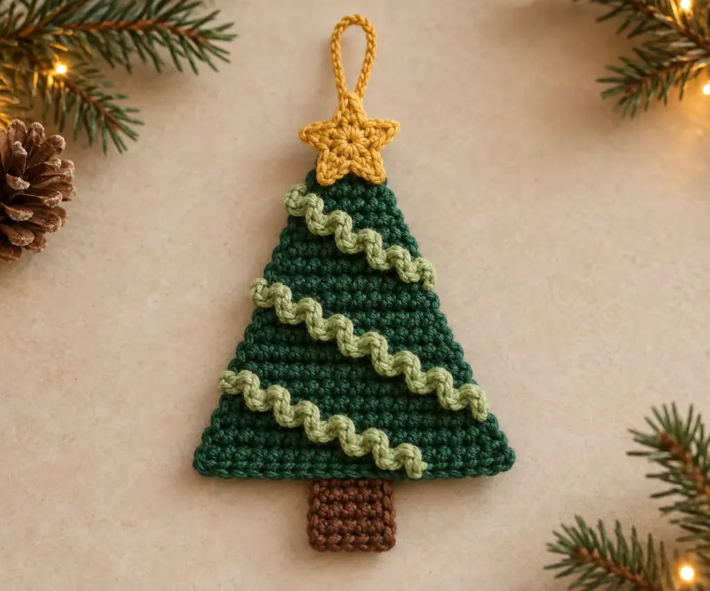 Finished crochet spiral tree ornament with a forest-green triangular tree, light-green corkscrew garland, brown trunk, gold star, and gold hanging loop