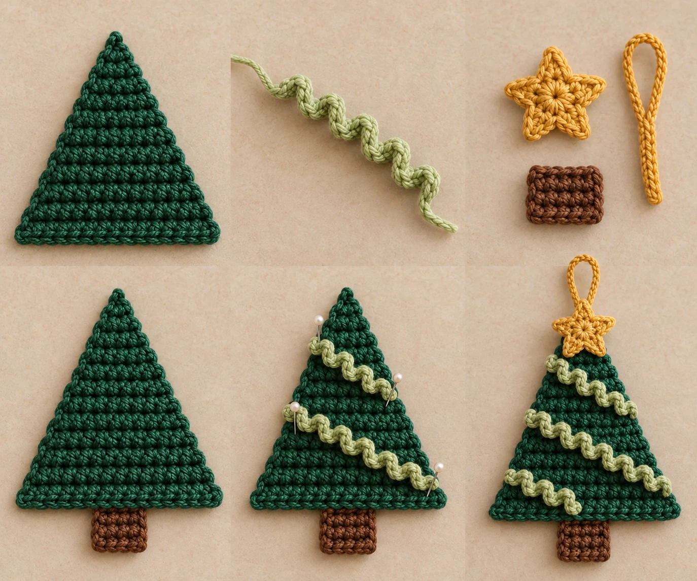 Construction collage showing the five crocheted components and assembly sequence for the Spiral Tree Ornament