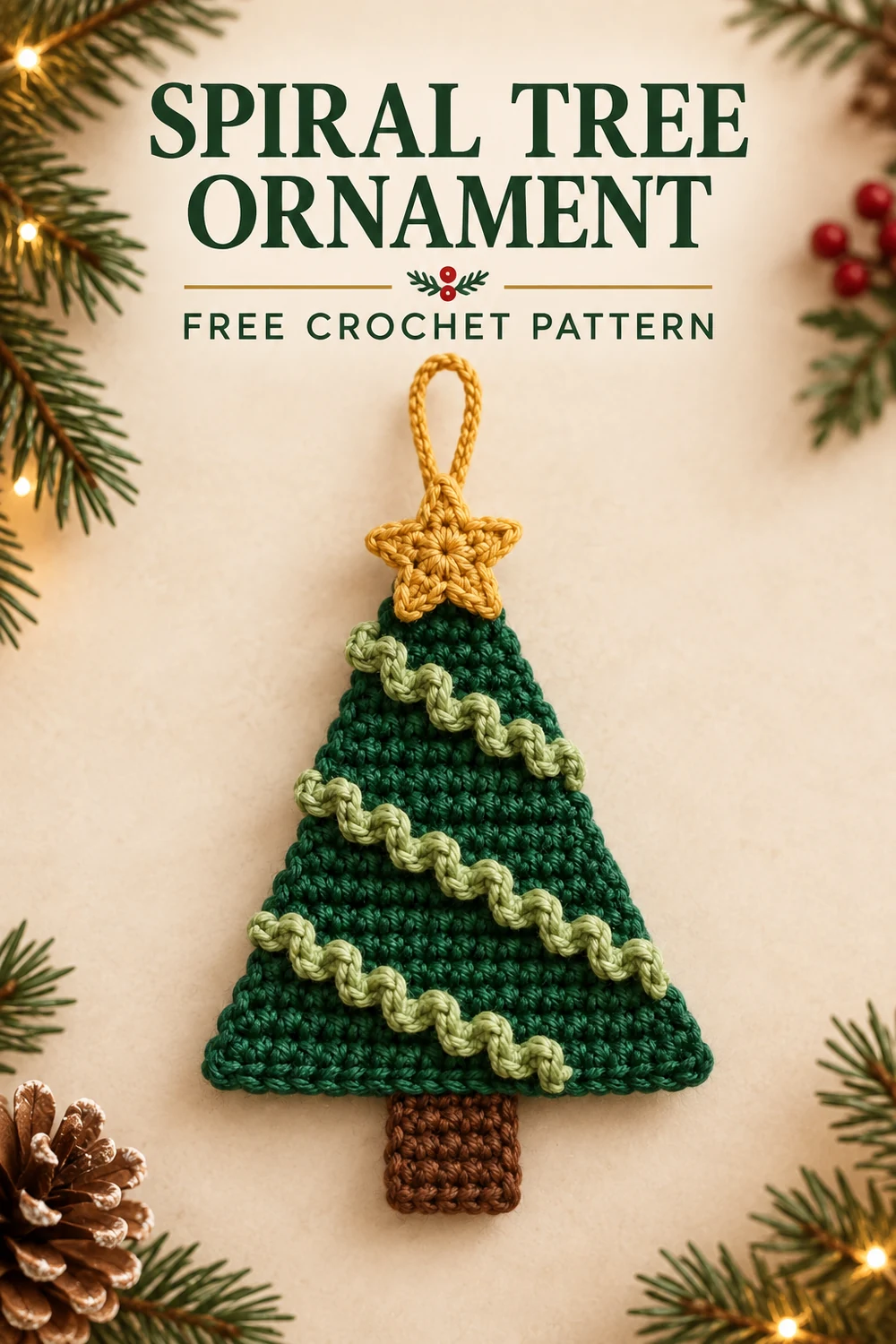 Vertical Pinterest graphic for the Spiral Tree Ornament free crochet pattern